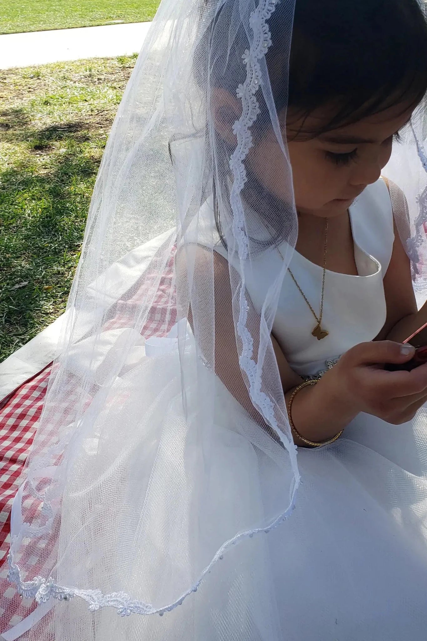 White pearl rhinestone lace first communion veil.
