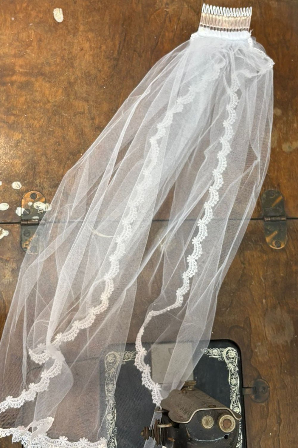 White pearl rhinestone lace first communion veil, full view.