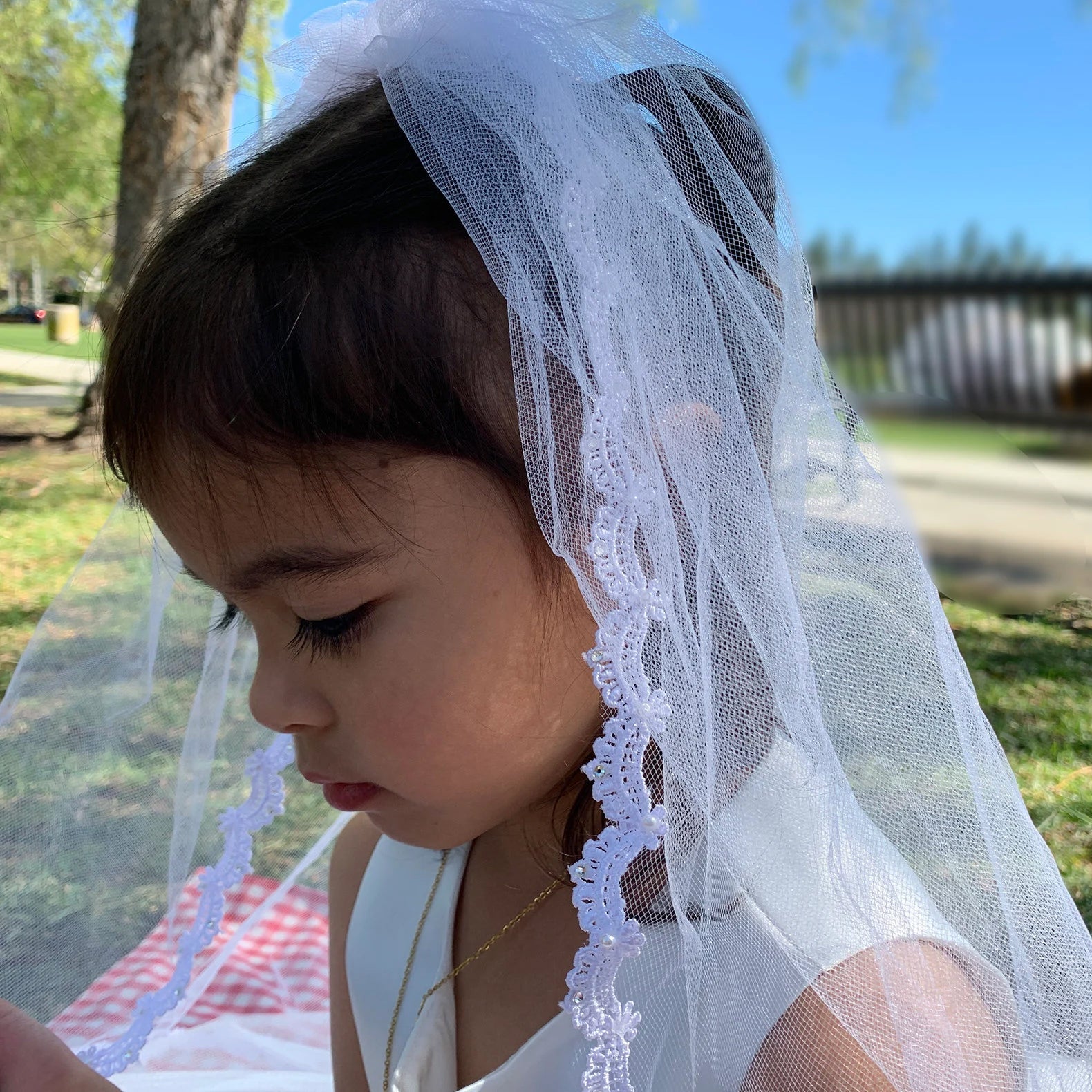 White pearl rhinestone lace first communion veil.