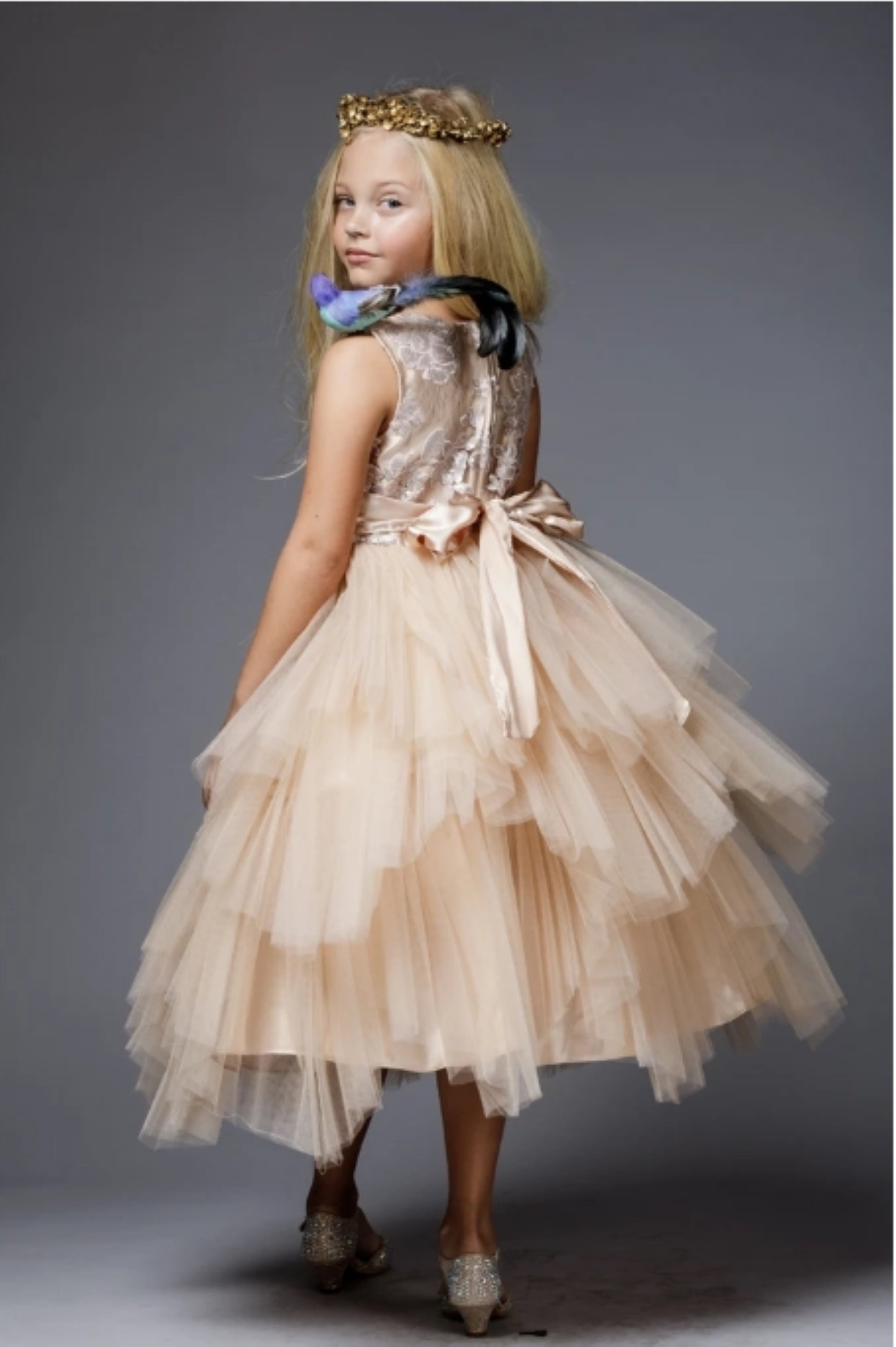 Champagne USA Made | Embroidered Sequined Top with Gorgeous multiple tiered skirt - back view of girl wearing dress with headband