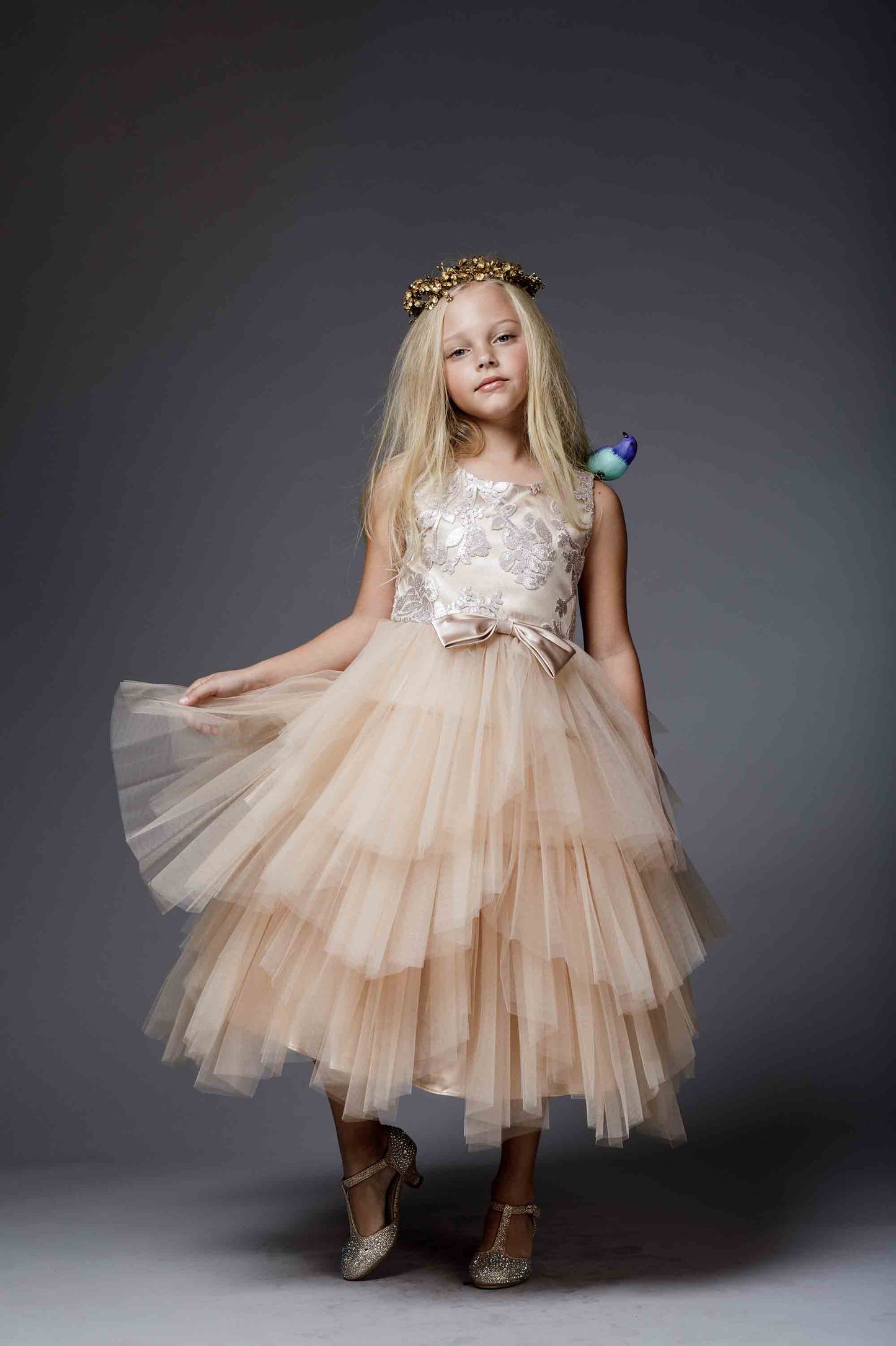 Champagne USA Made | Embroidered Sequined Top with Gorgeous multiple tiered skirt - front view of girl wearing dress and headband