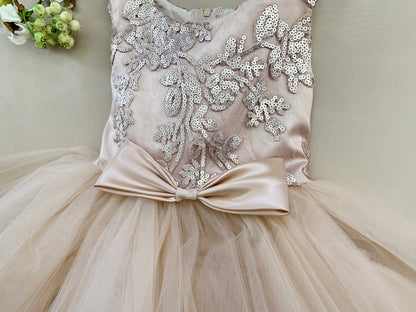 Champagne USA Made | Embroidered Sequined Top with Gorgeous multiple tiered skirt - zoomed in front view of dress detailing pattern