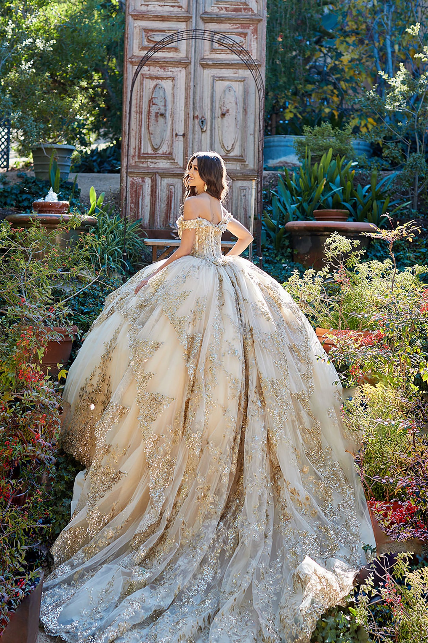  Gold Dazzling Off-The-Shoulder Cathedral Quince Ball Gown with Detachable Train back