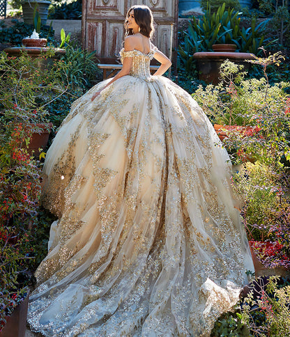 Quinceañera | Gold Dazzling Off-The-Shoulder Cathedral Quince Ball Gown with Detachable Train | Alondra dress back view