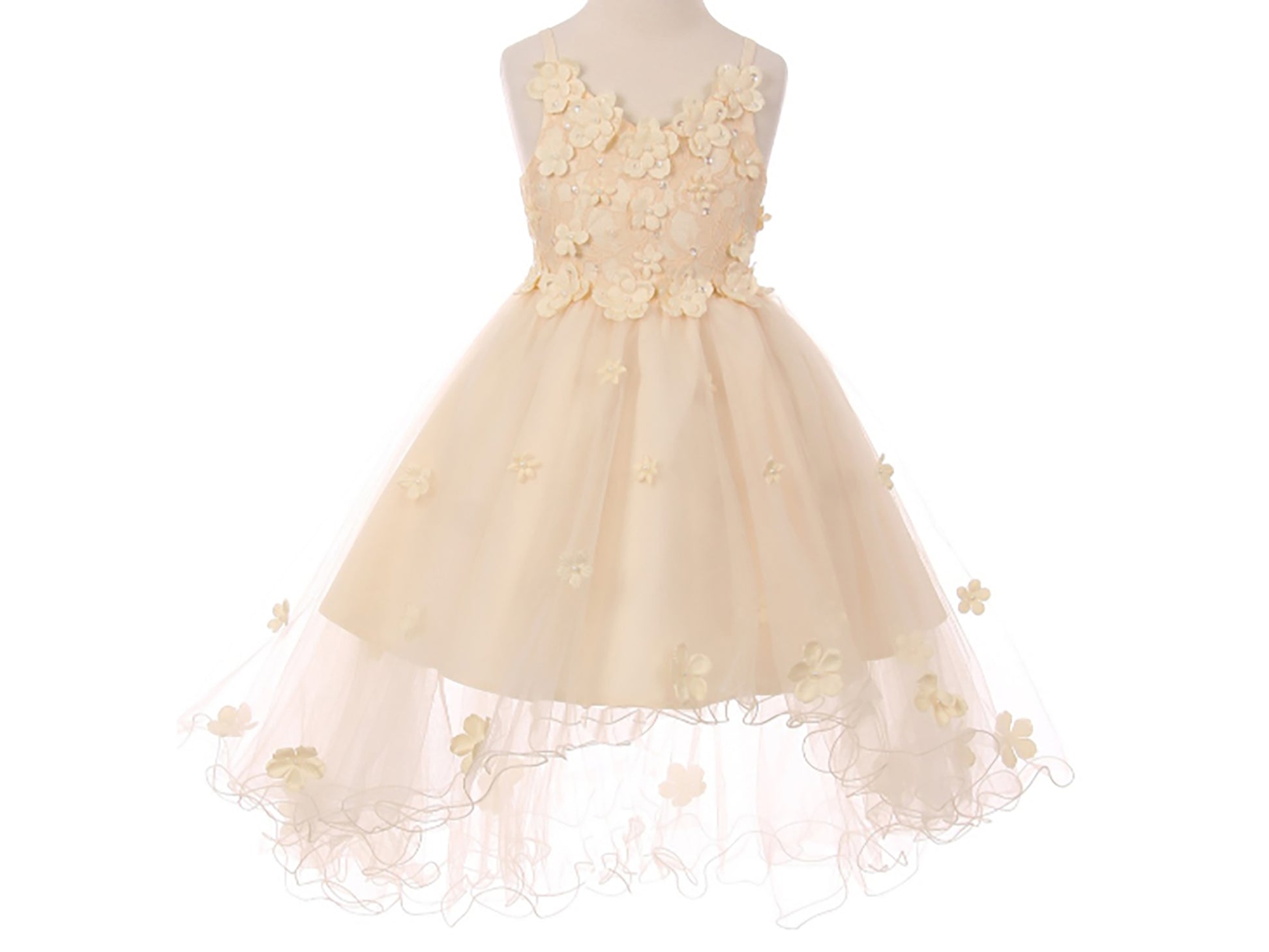 Champagne High-Low Tulle Dress with Embedded 3D Floral Design | Flower Girl Dress - front view of dress showing flower pattern with pearls