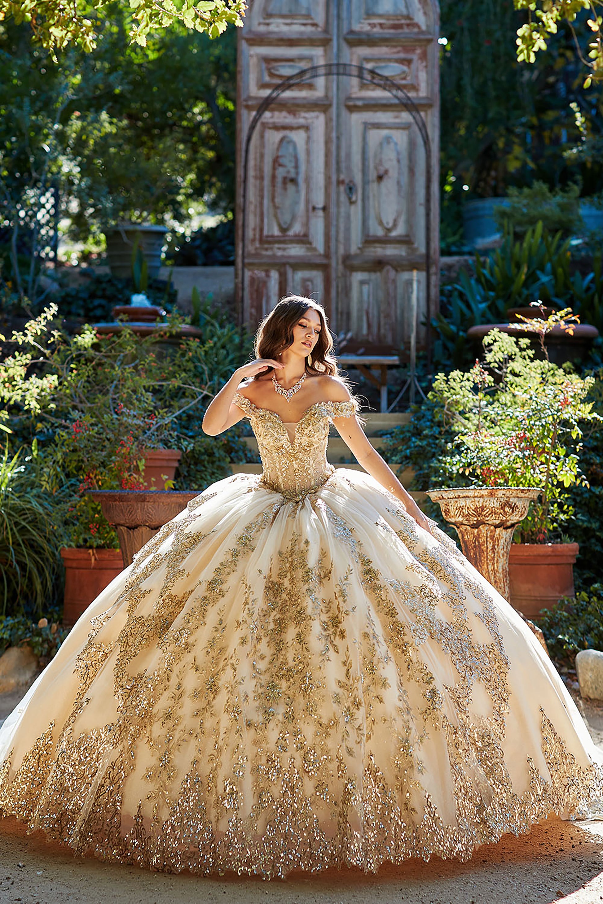  Gold Dazzling Off-The-Shoulder Cathedral Quince Ball Gown with Detachable Train  whole view