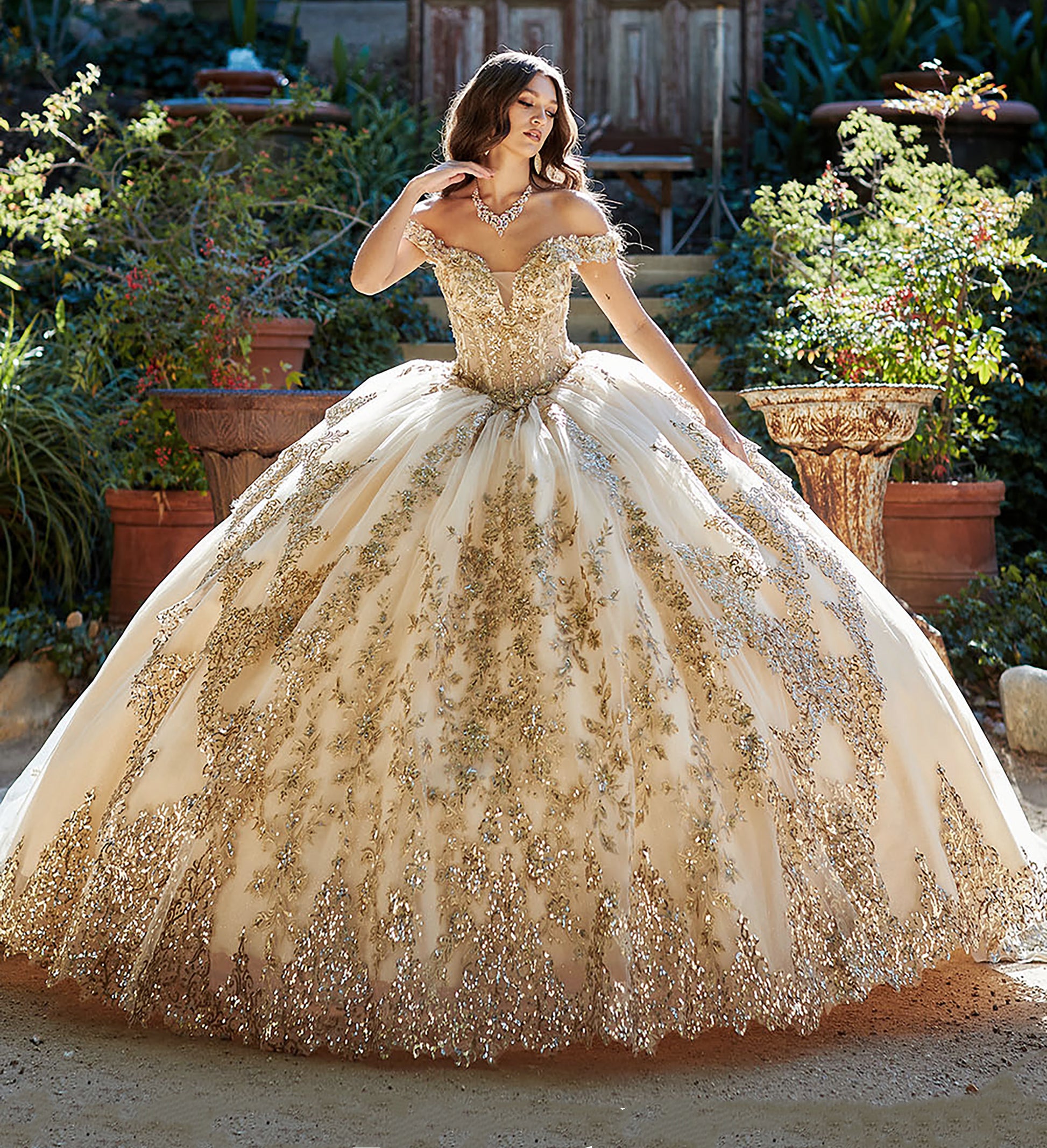 Quinceañera | Gold Dazzling Off-The-Shoulder Cathedral Quince Ball Gown with Detachable Train | Alondra dress front view