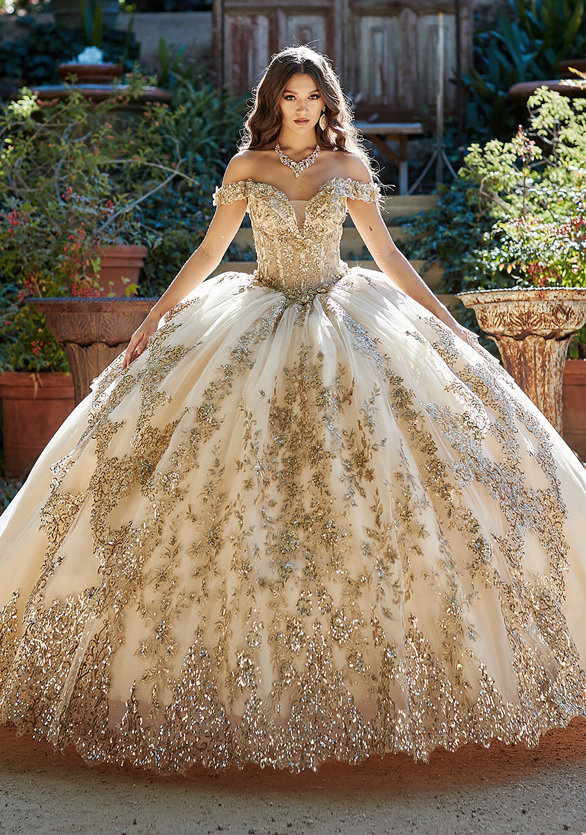 Quinceañera | Gold Dazzling Off-The-Shoulder Cathedral Quince Ball Gown with Detachable Train | Alondra dress front with necklace