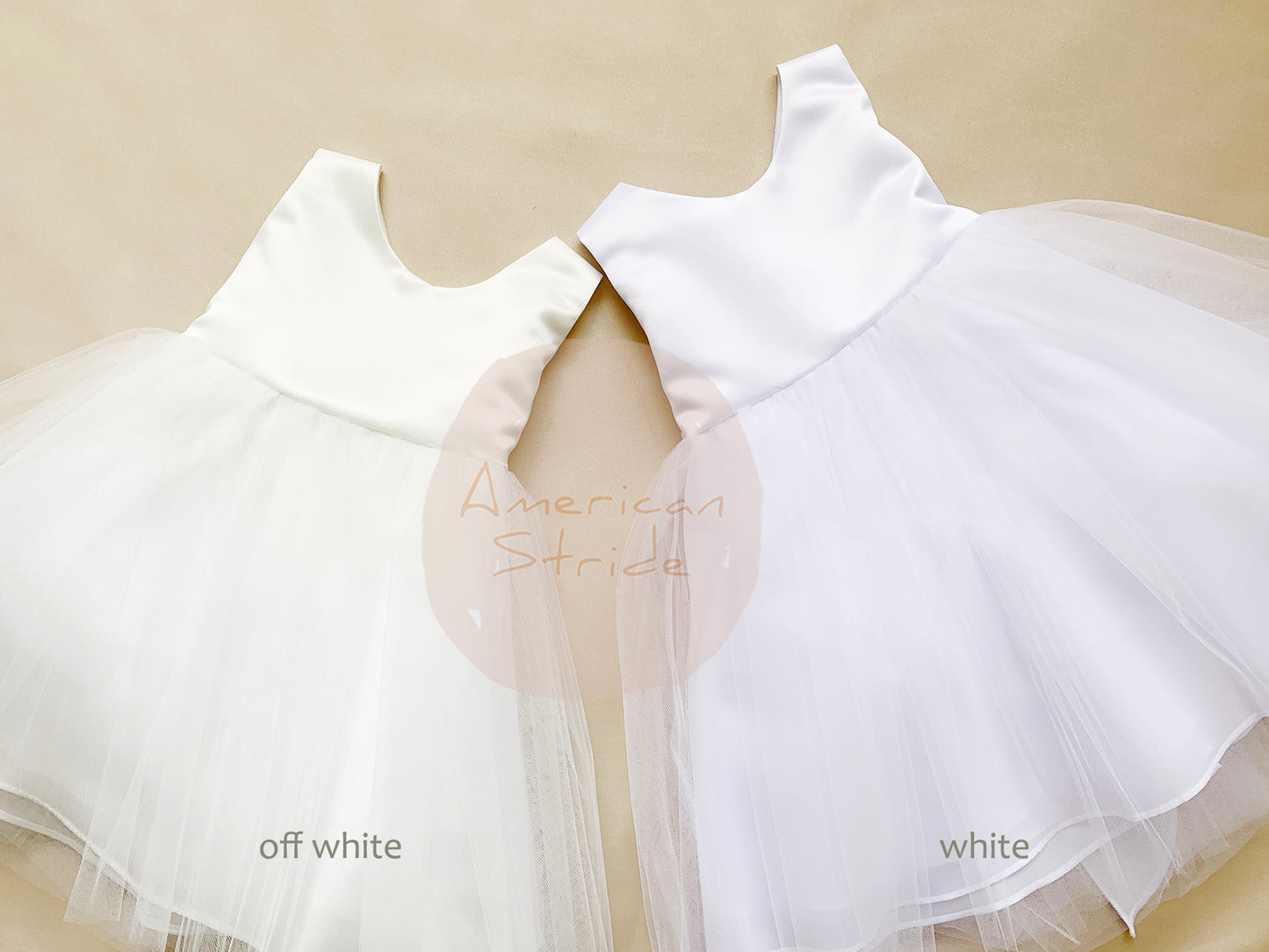 USA Made | Simple Classic 4 Layer Tulle and Satin Top Flower Girl Dress | Perfect flower girl dress | Size 6M - Teen - off white and white dress side by side