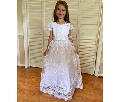 First Communion dress | Cording Lace, 3D Flower Pearls Cap Sleeve Full Length Dress - girl wearing dress and smiling