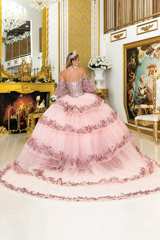 Quinceañera | Rose Gold Off-Shoulder Ball Gown with Intricate Embroidery and Glitter Accents | Yamilet dress