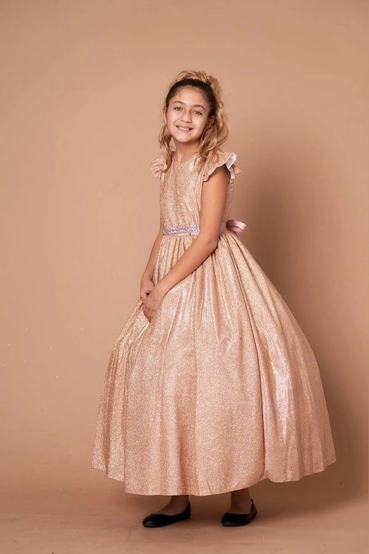 Sparkling details shape, the Champagne mini quince dress showcases metallic full-length party silhouette and ruffle sleeves with a removable rhinestone belt.