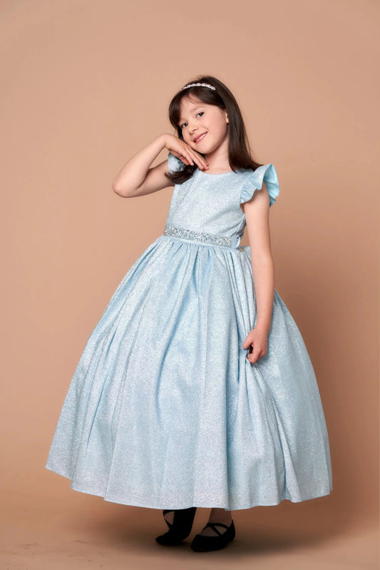 Seen at full length, the Light Blue mini quince dress showcases metallic full-length party silhouette and ruffle sleeves with a removable rhinestone belt.