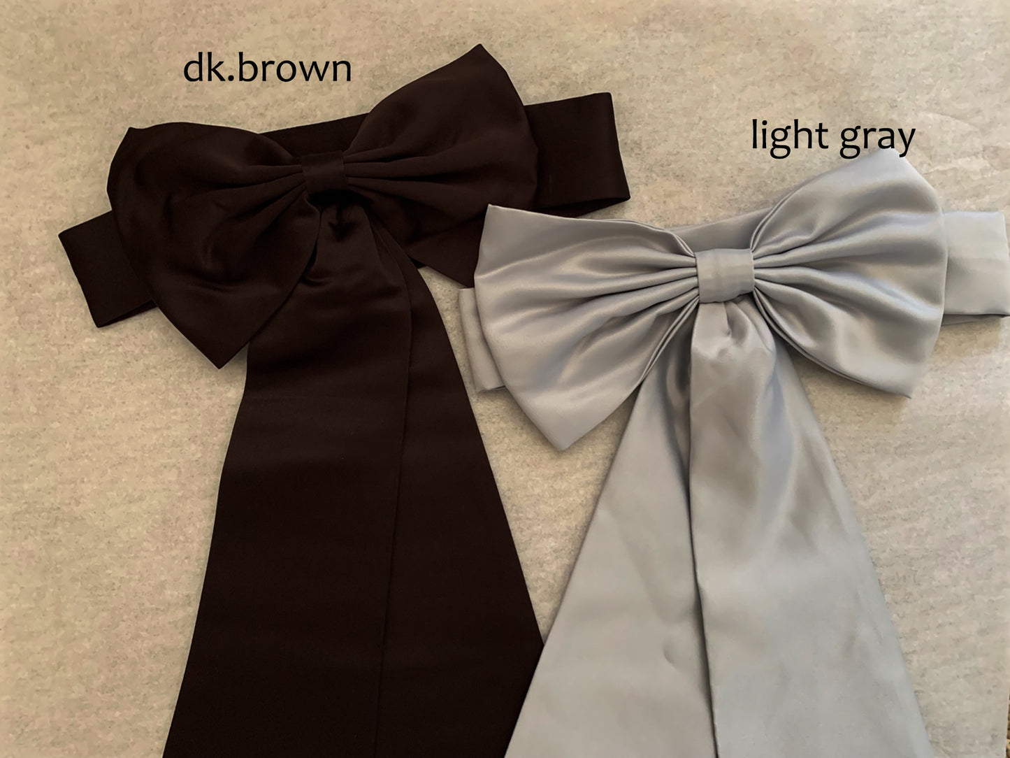 Flower Girl Adjustable Big Bow Satin Belt | Kid Ribbon Sash | 13 Colors Available - 2 bow sashes side by side. dark brown and light gray.