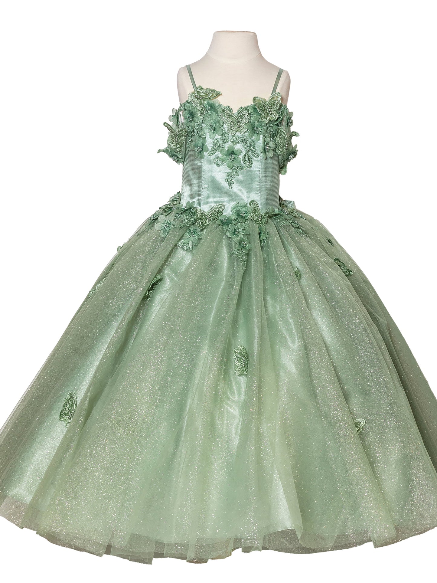 Sage Floral Appliqué Bodice with Sheer Overlay and Glitter Tulle Mini Quince 3-Anos Dress - front view