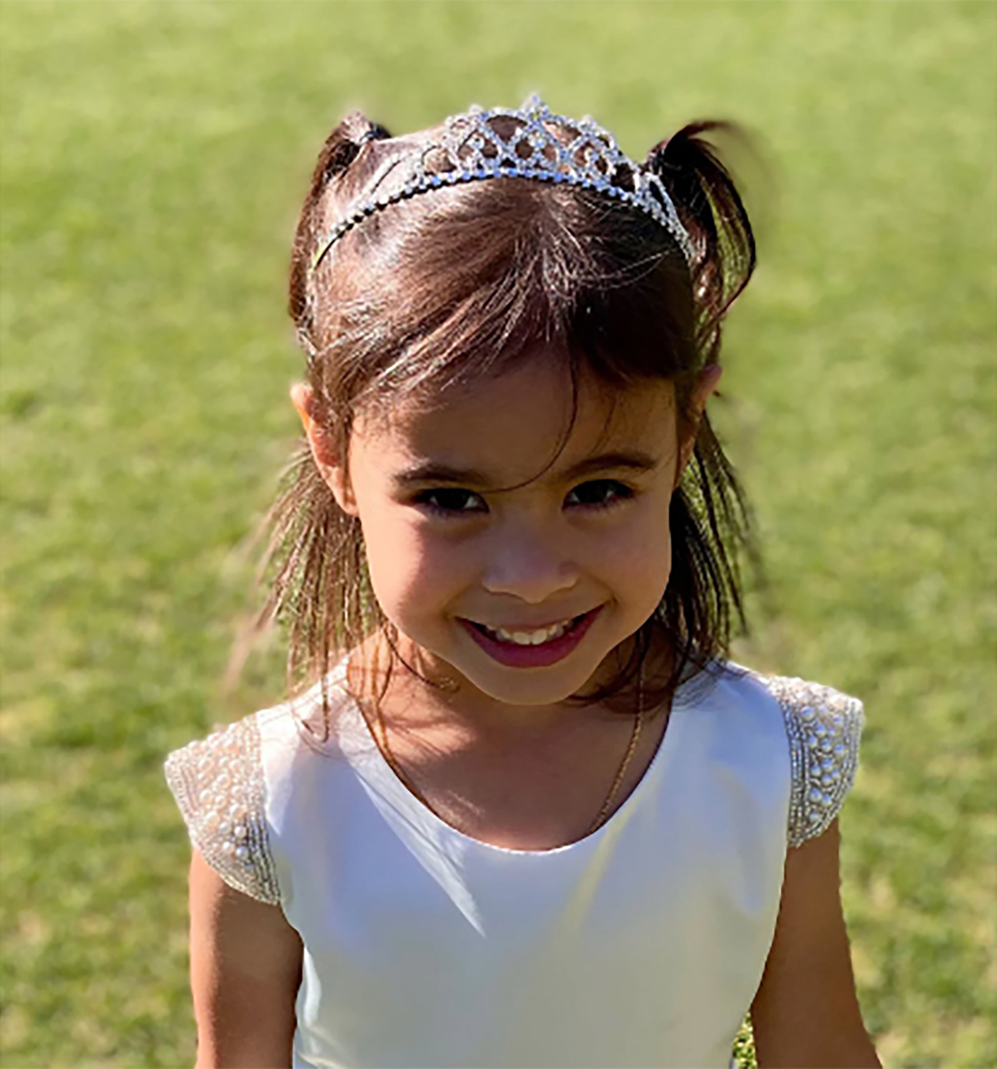 Flower Girl Rhinestone Crystal Tiara | First Communion Headpiece - smiling girl wearing headpiece