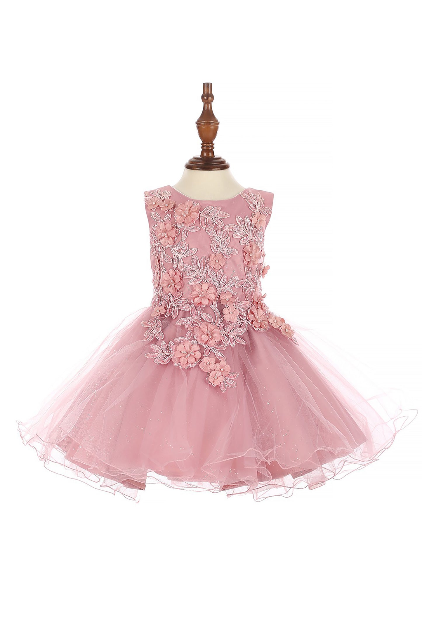 Dusty Rose Baby 3D Flower Lace Tulle Special Occasion Dress - front of dress view