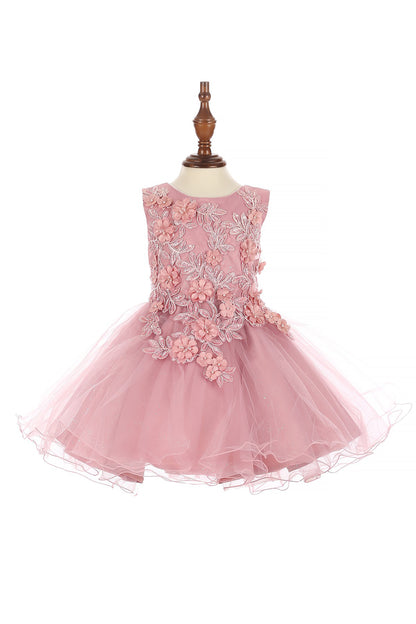 Dusty Rose Baby 3D Flower Lace Tulle Special Occasion Dress - front of dress view