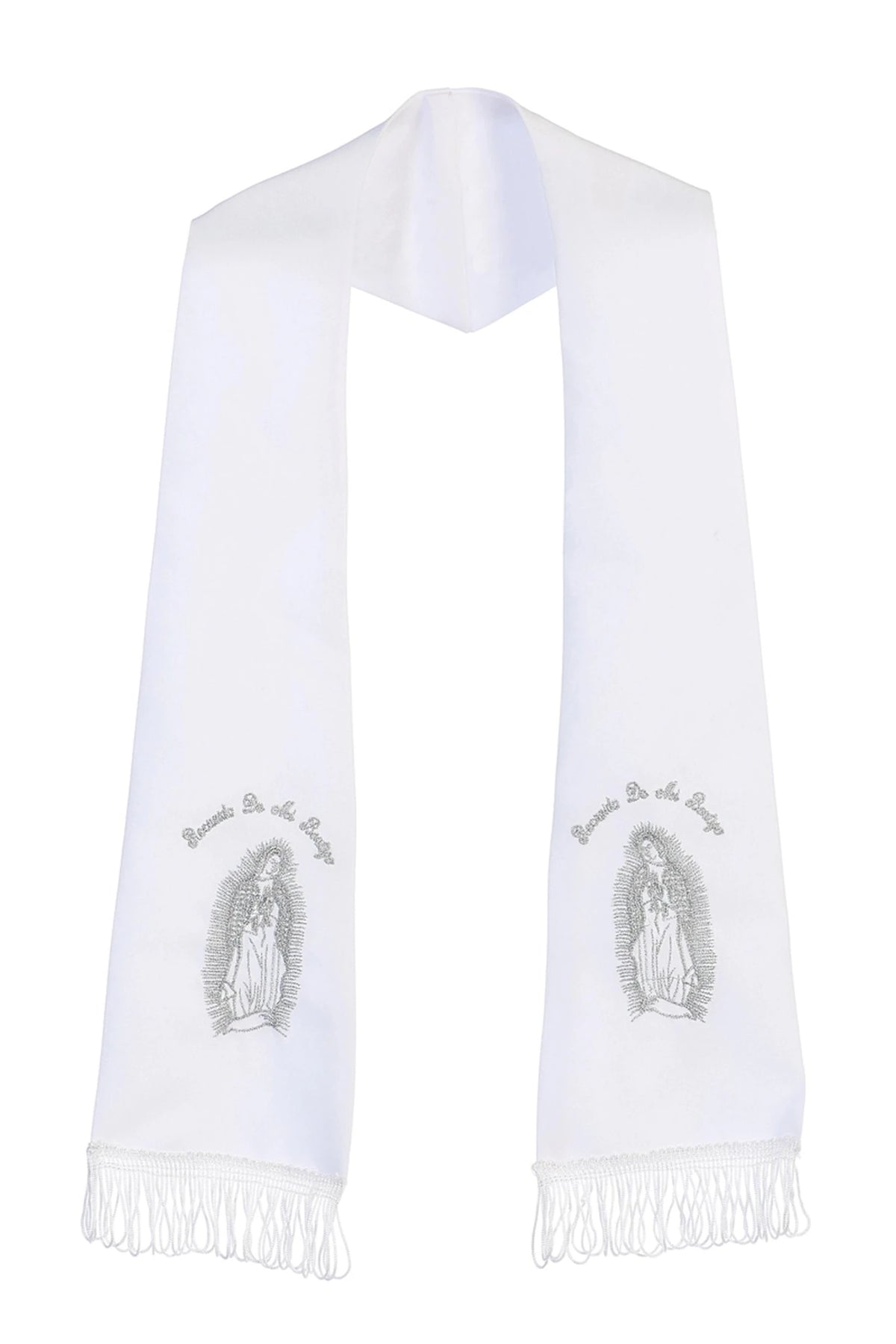 White baptism stole with silver-tone Virgin Mary embroidery and fringed ends.