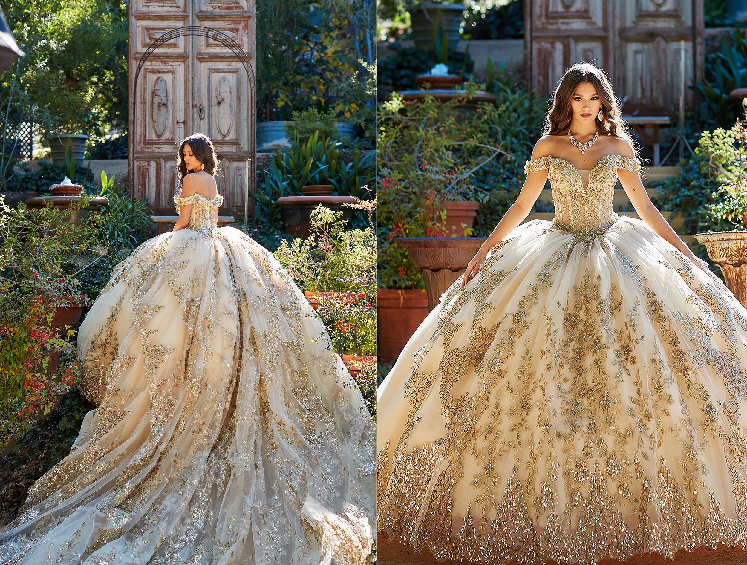 Quinceanera Gold Dazzling Off The Shoulder Cathedral Quince Ball Gown with Detachable Train Alondra dress XS Gold