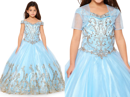 Blue Mini Quince | Off-shoulder Hand-beaded Rhinestone, Sweep Train Glittered Mesh Ballgown - split view girl wearing dress