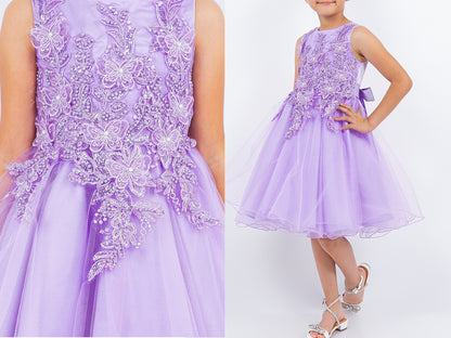 Lilac | 4 Colors | Butterfly Pearl Lace with Glitter Tulle Flower Girl Dress | Kid Special Occasion Dress - split view front/zoomed in of girl wearing dress