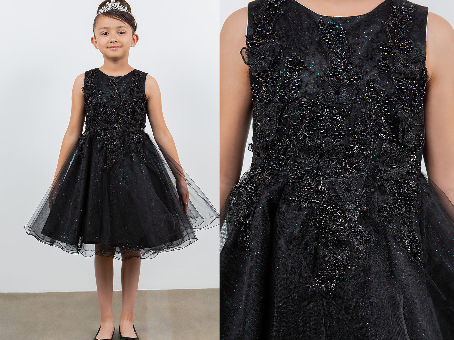 Black | 4 Colors | Butterfly Pearl Lace with Glitter Tulle Flower Girl Dress | Kid Special Occasion Dress - split view of girl wearing dress front/zoomed in.