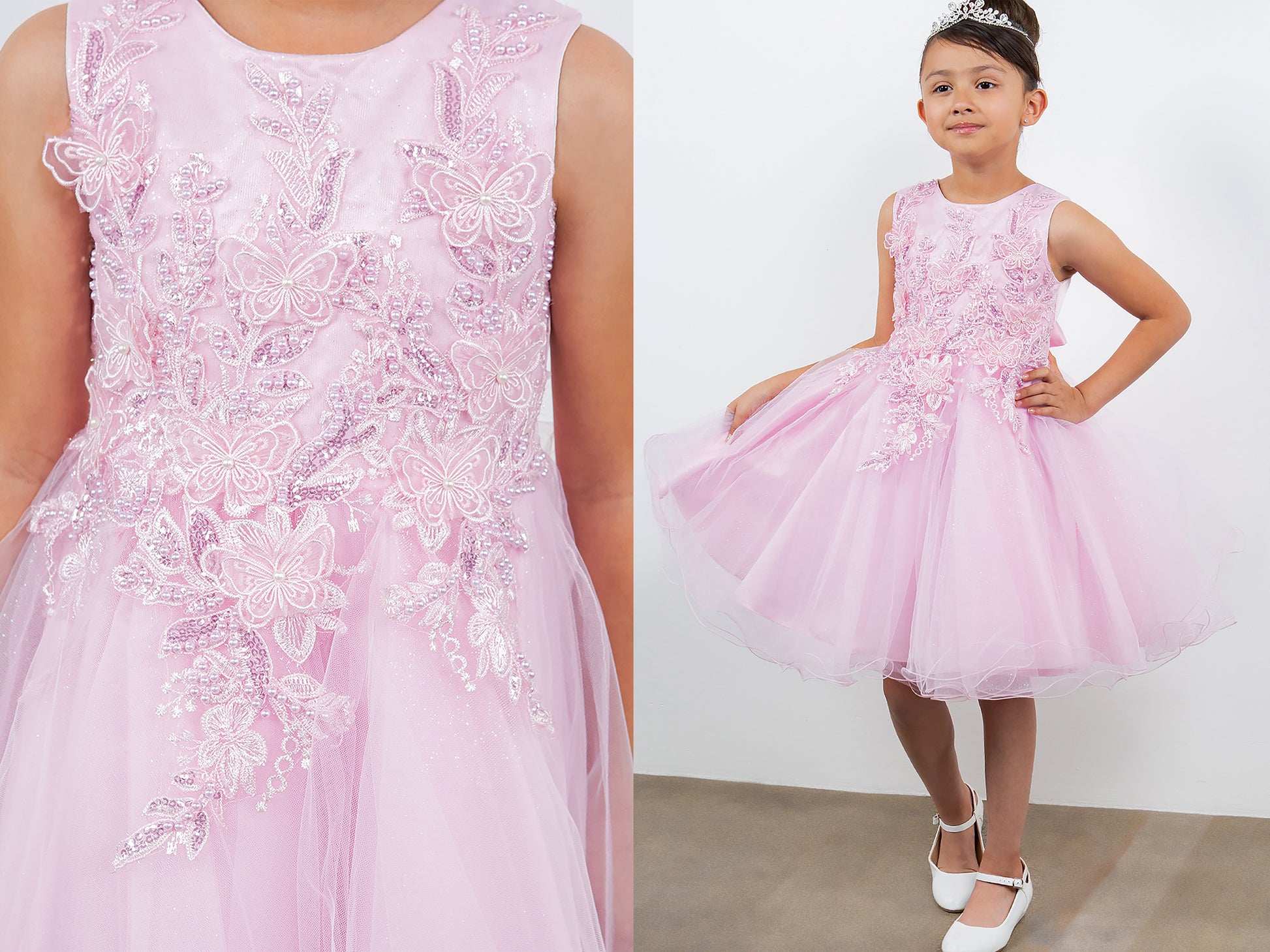 Pink | 4 Colors | Butterfly Pearl Lace with Glitter Tulle Flower Girl Dress | Kid Special Occasion Dress - split front/zoomed in view of girl wearing dress and crown