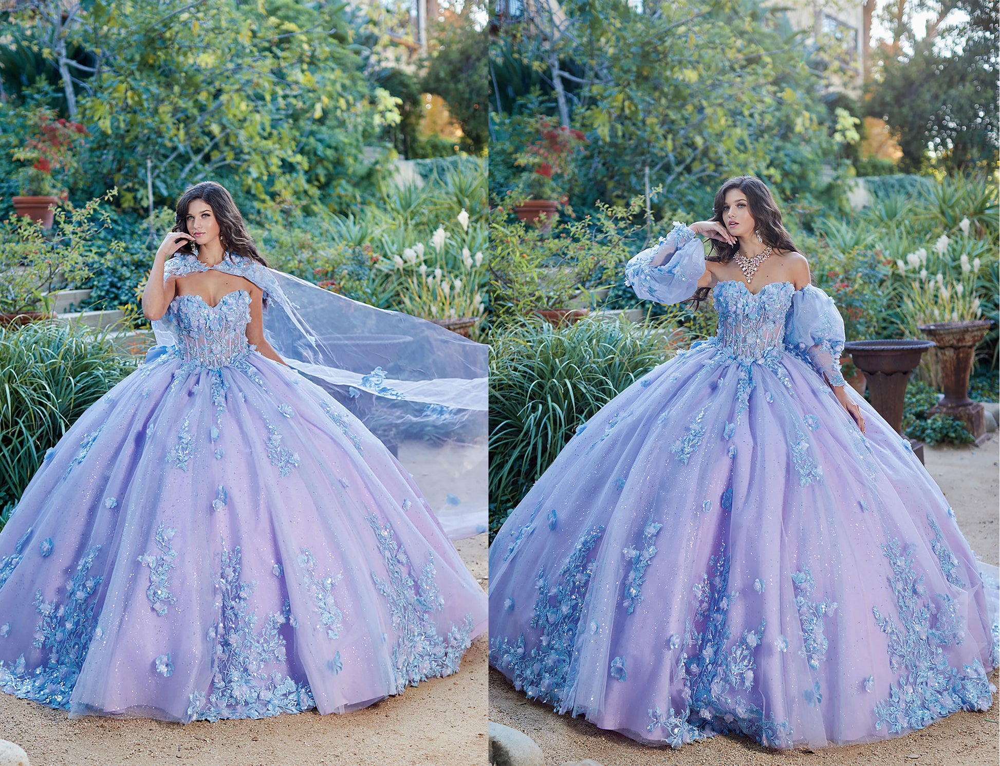 Quinceanera | Detachable Puff Sleeves and Cape Sparkly Ball Gown | Lilac Two Tone 3D Floral Detail Quince Dress - split view of woman wearing dress with hands on chin