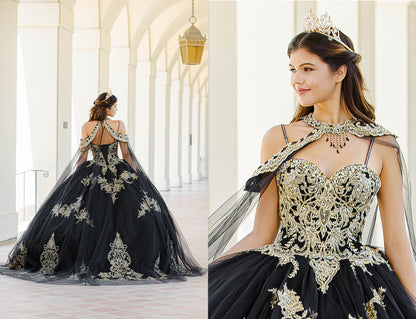 Quinceanera | Black with Gold Embroidered Lace with Stunning Cape Quince Ballgown dress - split view of woman wearing dress and crown, back view and front view