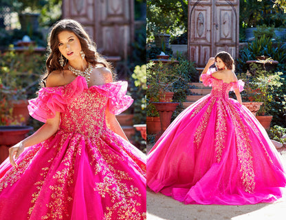 Hot Pink Sequin Ruffle Glittering Ballgown Quince Dress two view