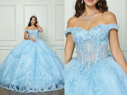 Quinceanera | Cinderella Blue Sparkling Rhinestones Bodice Multi-tiered Illusion Skirt Embroidery Off Shoulder Quince dress - split front view full/zoomed in view of woman wearing dress and crown