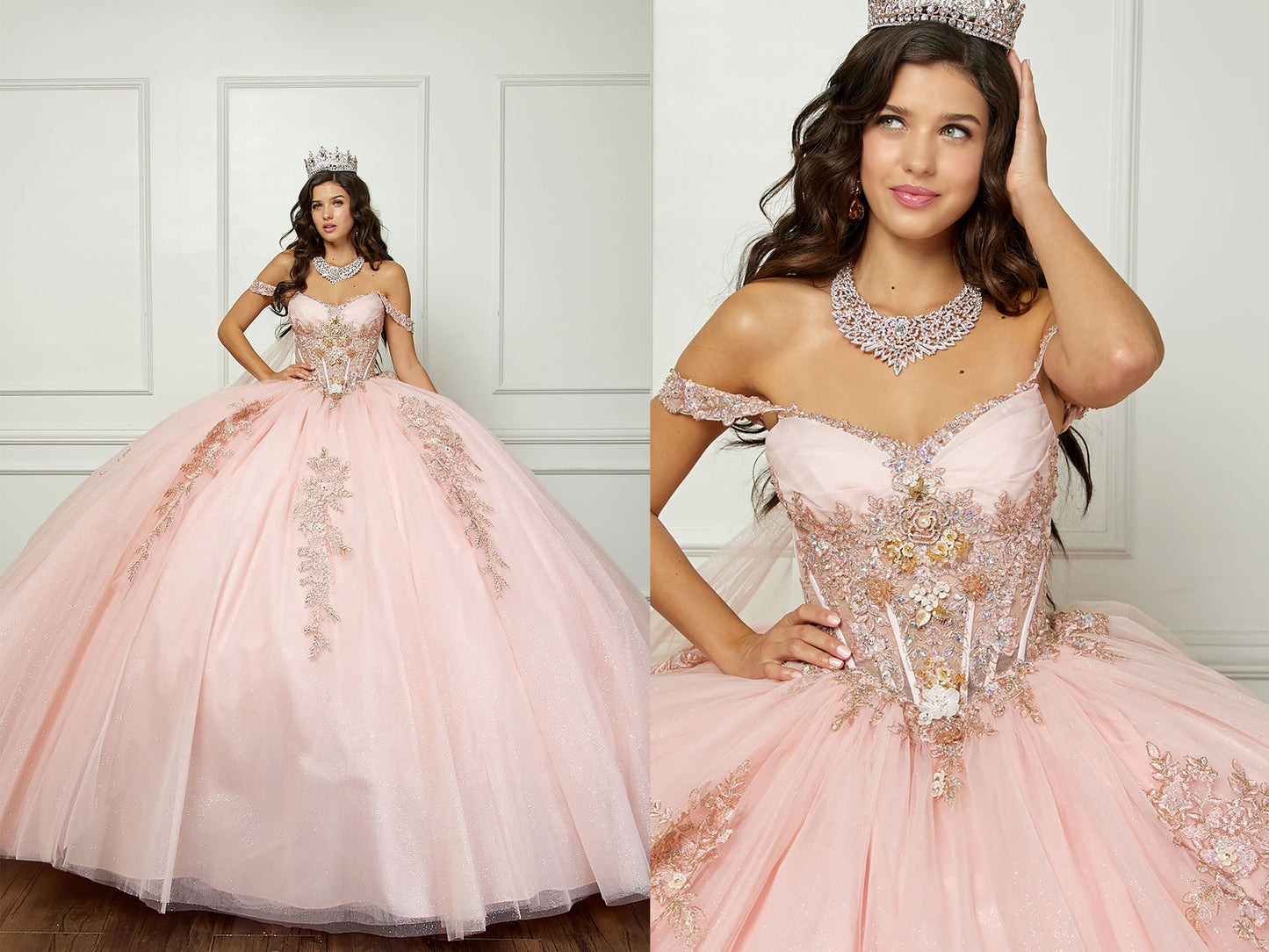 Quinceanera | Blush Off-Shoulder Ballgown with Beading, Rhinestones, 3D Flowers, Golden Embroidery, and Detachable Glitter Cape - split image front/front zoomed in of woman wearing dress and crown