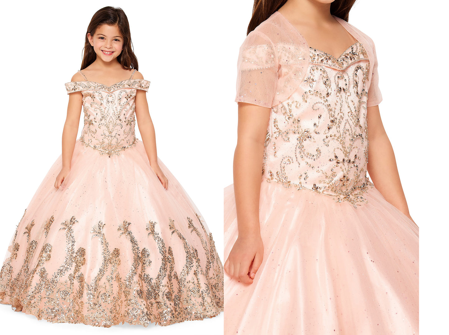 Blush Mini Quince | Off-shoulder Hand-beaded Rhinestone, Sweep Train Glittered Mesh Ballgown - split view front and zoomed of girl wearing dress