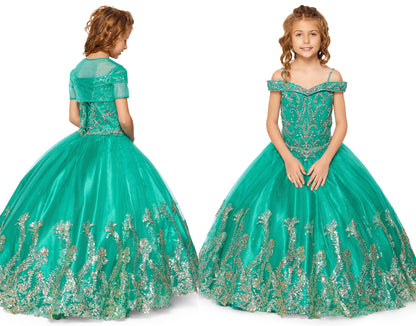 Jade Mini Quince | Off-shoulder Hand-beaded Rhinestone, Sweep Train Glittered Mesh Ballgown - split view front and back of girl wearing dress