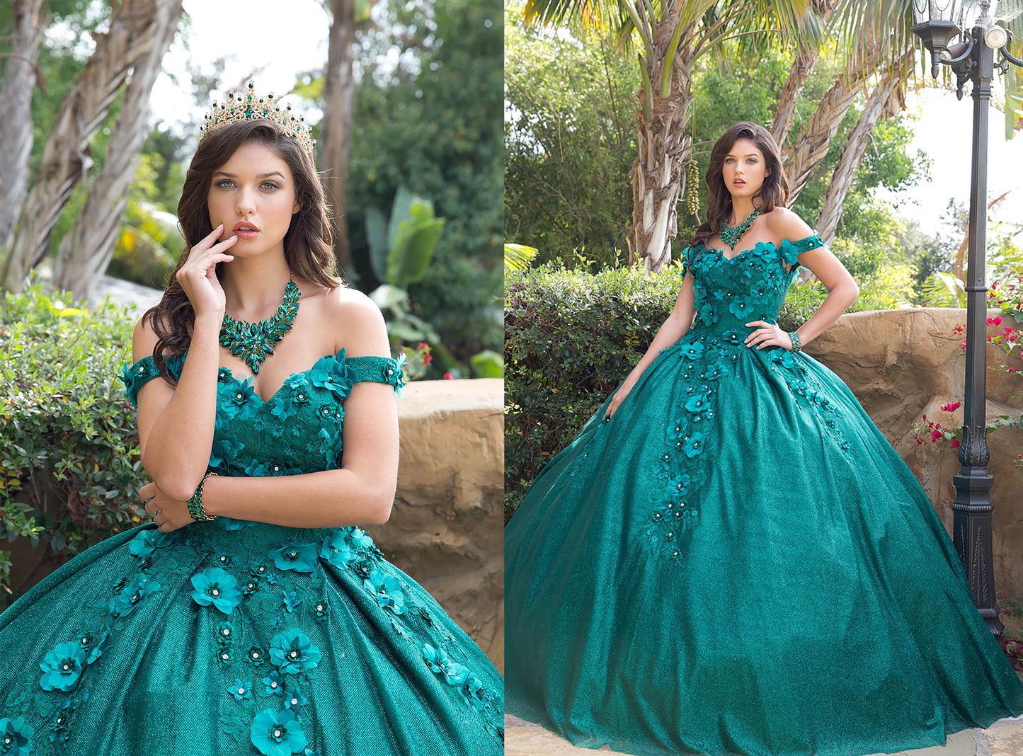 Hunter Green Quinceanera | 3D Floral Off-Shoulder Quince Dress without Cape | 2 Colors Available - split view of girl wearing dress - front view, zoomed in front view