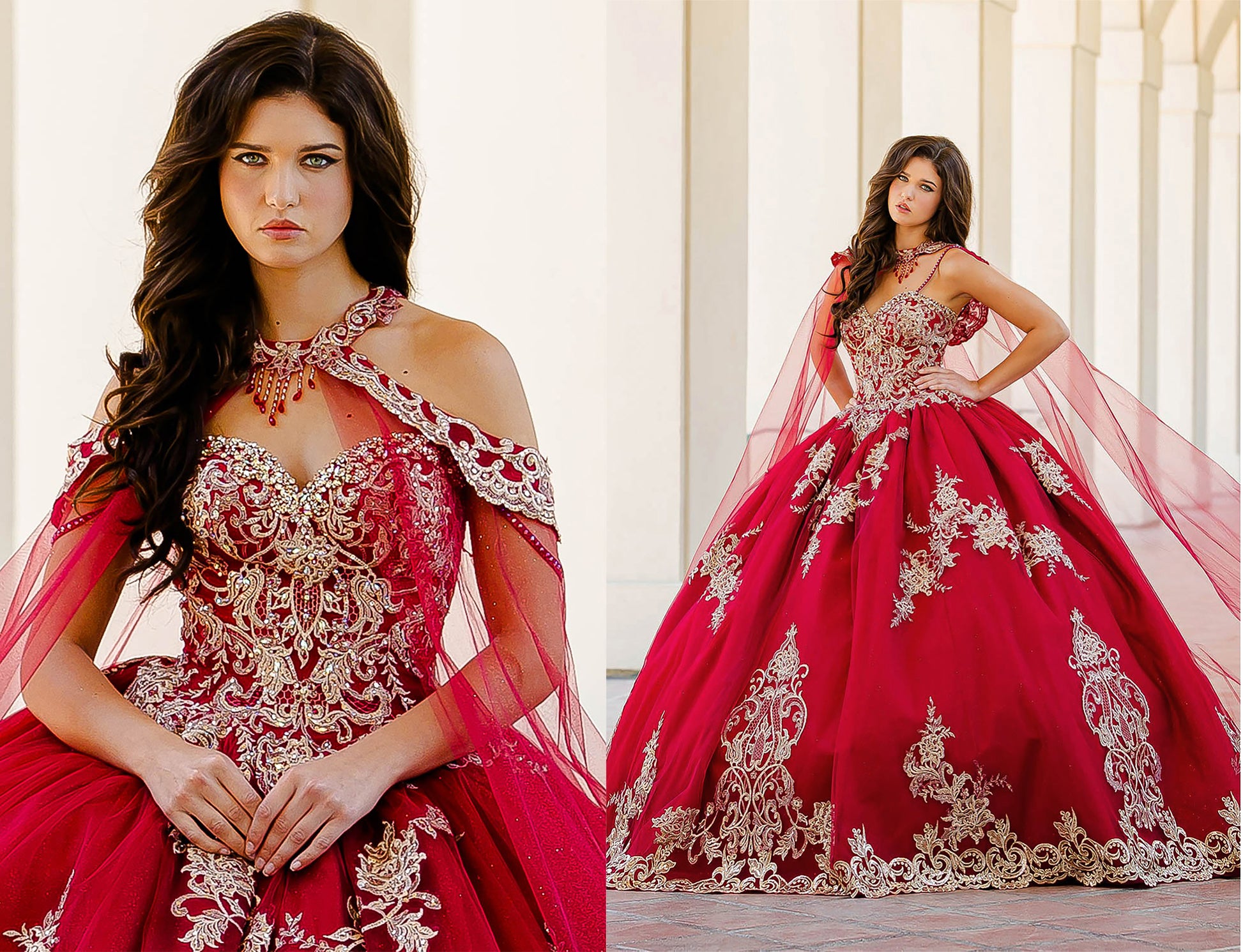 Quinceanera | Wine with Gold Embroidered Lace with Stunning Cape Quince Ballgown dress - splie view of woman wearing dress, one view with both hands clasped in the front and the other view with both hands at hips