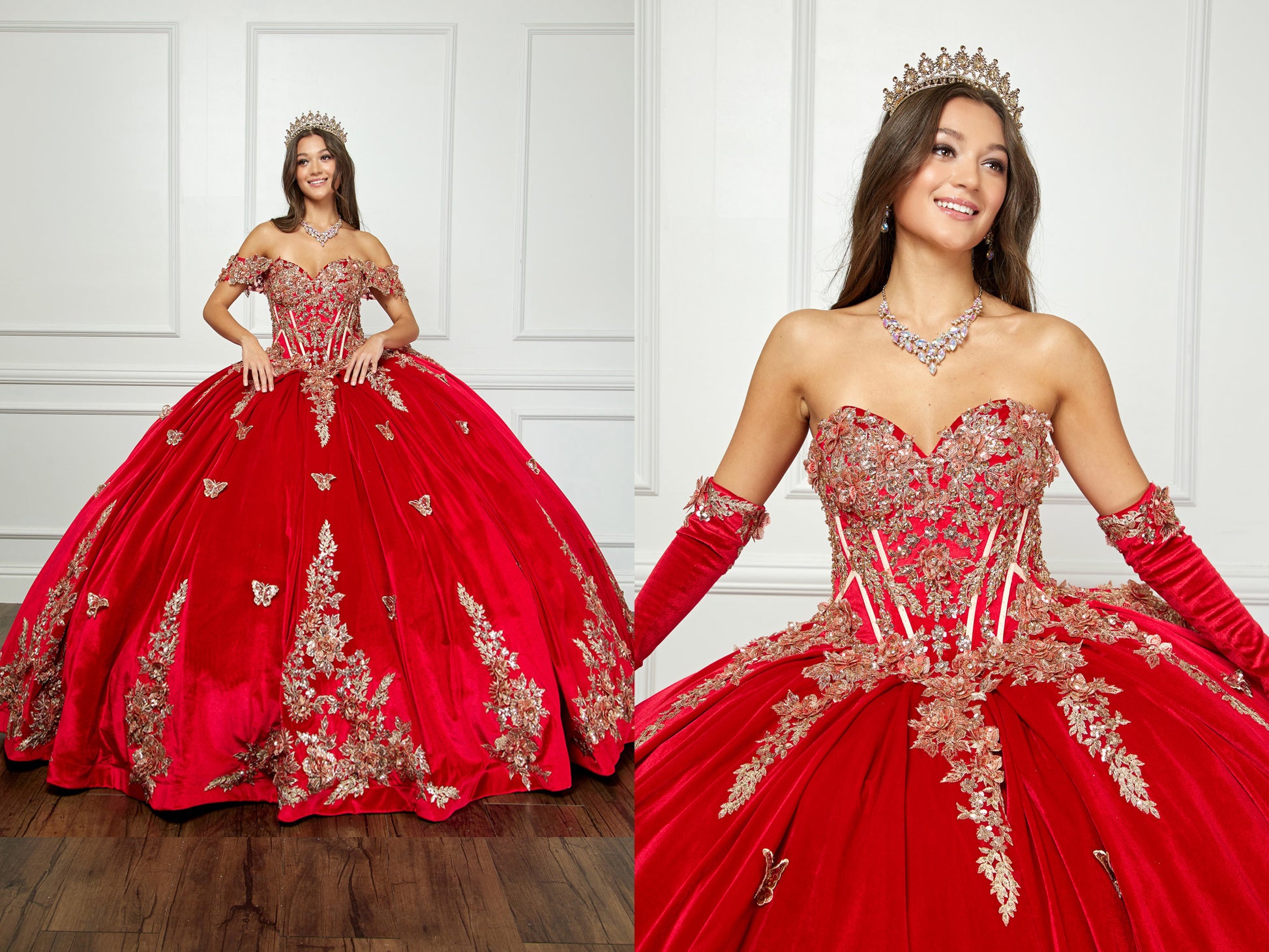 Red Quinceanera | Off-shoulder Velvet Sweetheart Gold Sequin sequin butterfly floral Ballgown with Sweep train - split front view of woman wearing dress and crown, both images of her smiling looking to the side