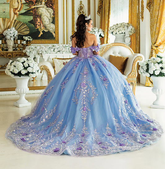 Quinceañera | Lilac Blue Off-Shoulder Quince Ball Gown with 3D Floral Appliqués | Xavia dress back