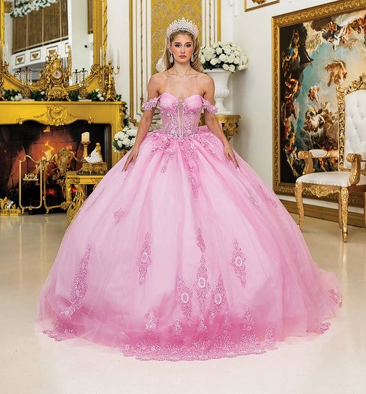 Quinceañera | Pink Off-Shoulder Floral Appliqué Sweet 15 Ball Gown | Vinica dress front view