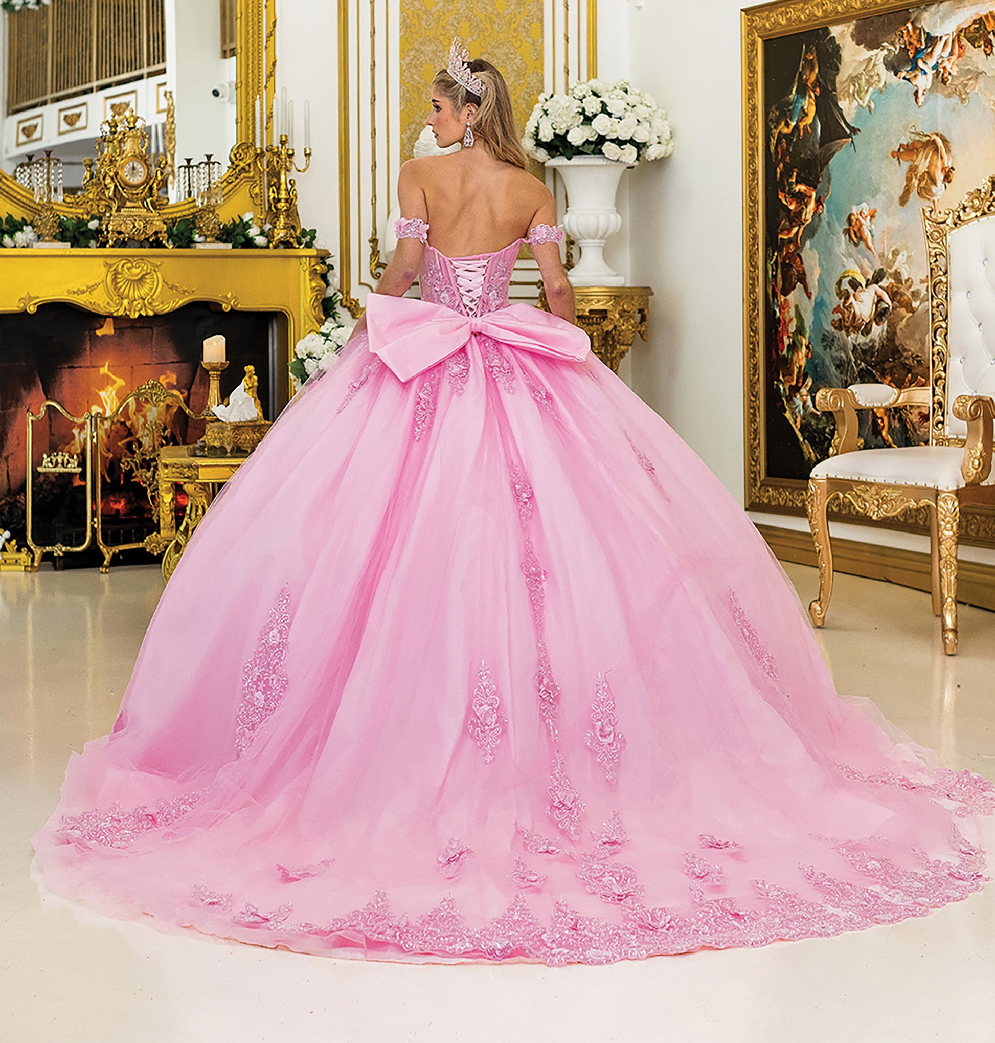 Quinceañera | Pink Off-Shoulder Floral Appliqué Sweet 15 Ball Gown | Vinica dress back view