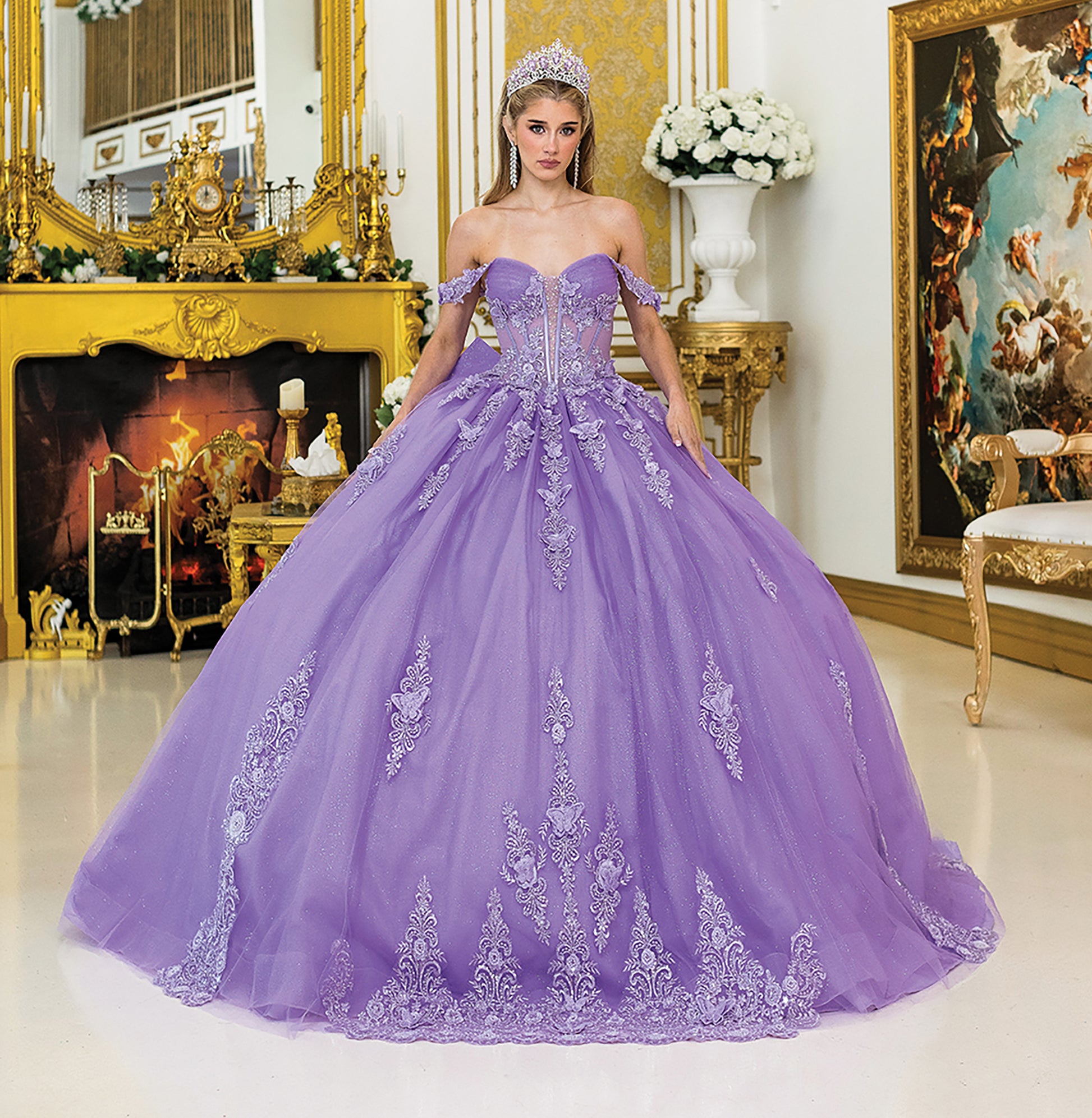 Quinceañera | Lilac Off-Shoulder Floral Appliqué Sweet 15 Ball Gown | Vinica dress