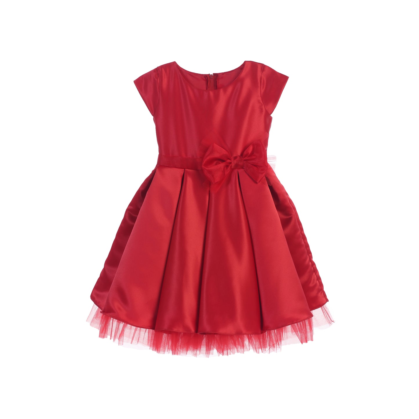 Full Pleated Satin and Crystal Tulle Dress with Detachable oversized organza tulle bow Flower Girl Dress - red dress with bow