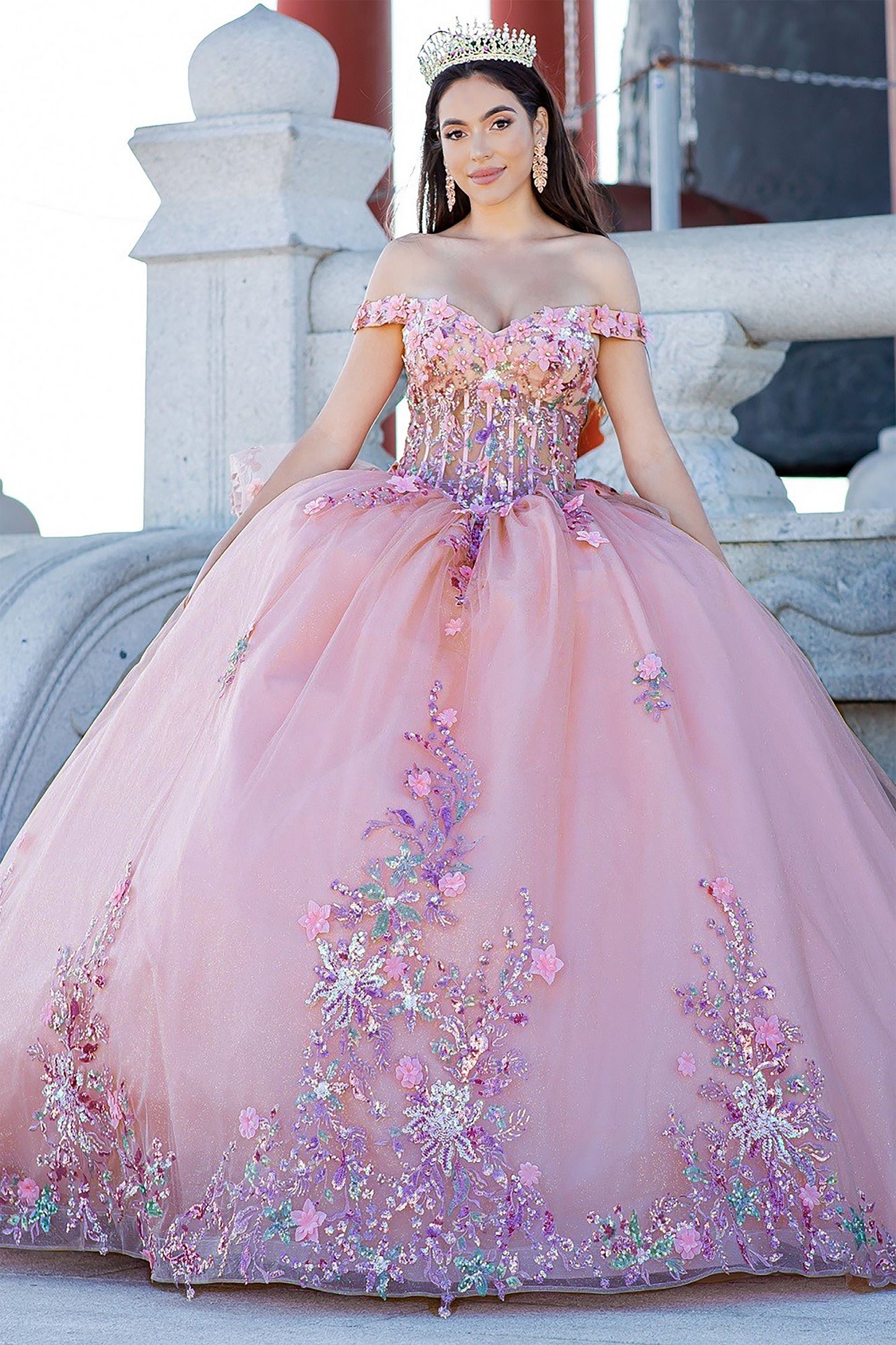 Quinceanera | Peach Blush 7-layer skirt, Off-Shoulder 3D Floral and Beaded Applique Bodice, Lace-up back and train | Samara J dress front view