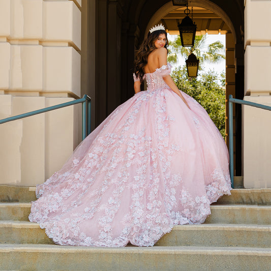 Quinceañera | Blush Two-Tone See-Through Corset Quince Dress with Detachable Sleeves | Amorah Dress | 2 Colors Available back view