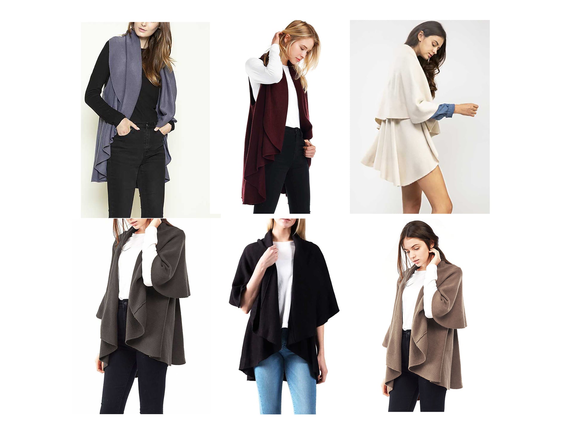 Women 4-in-1 Winter Basic Shawl Vest - Split image of 6 women wearing shawl vest in different poses 