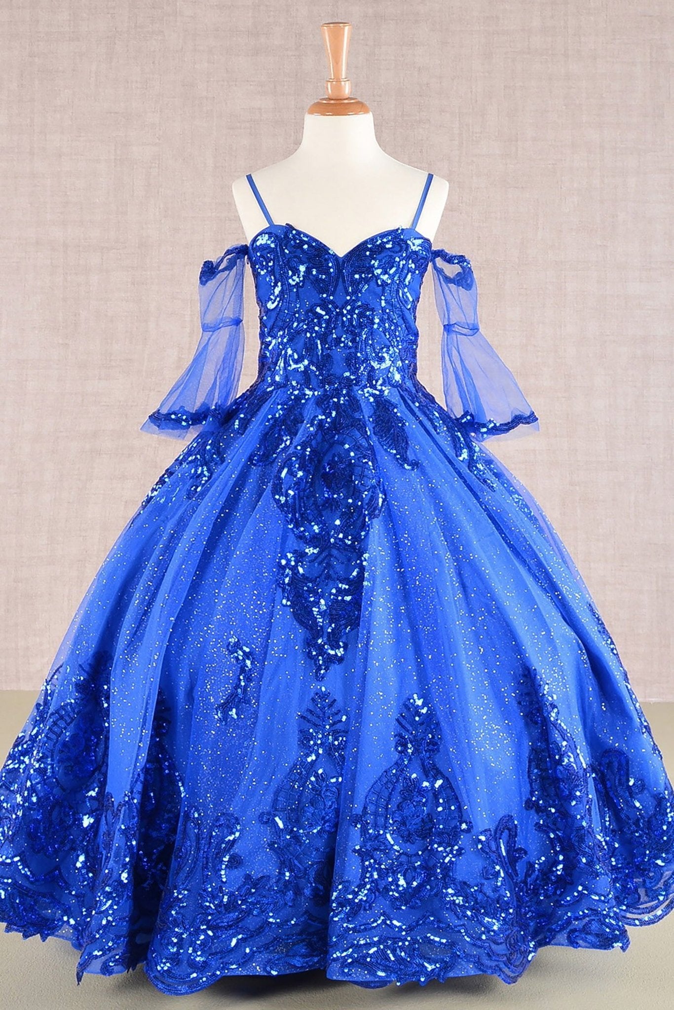 Front view of blue Royal Blue Kids Dress with Glitter Sequin Mesh and Detachable Sleeves, Mini Quince Dress.