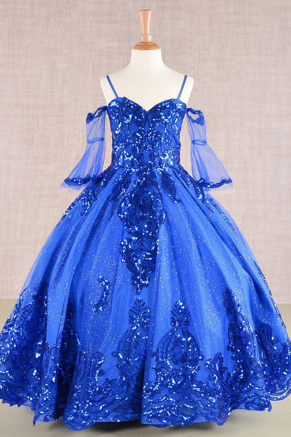 Full-length view highlights blue Royal Blue Kids Dress with Glitter Sequin Mesh and Detachable Sleeves, Mini Quince Dress.