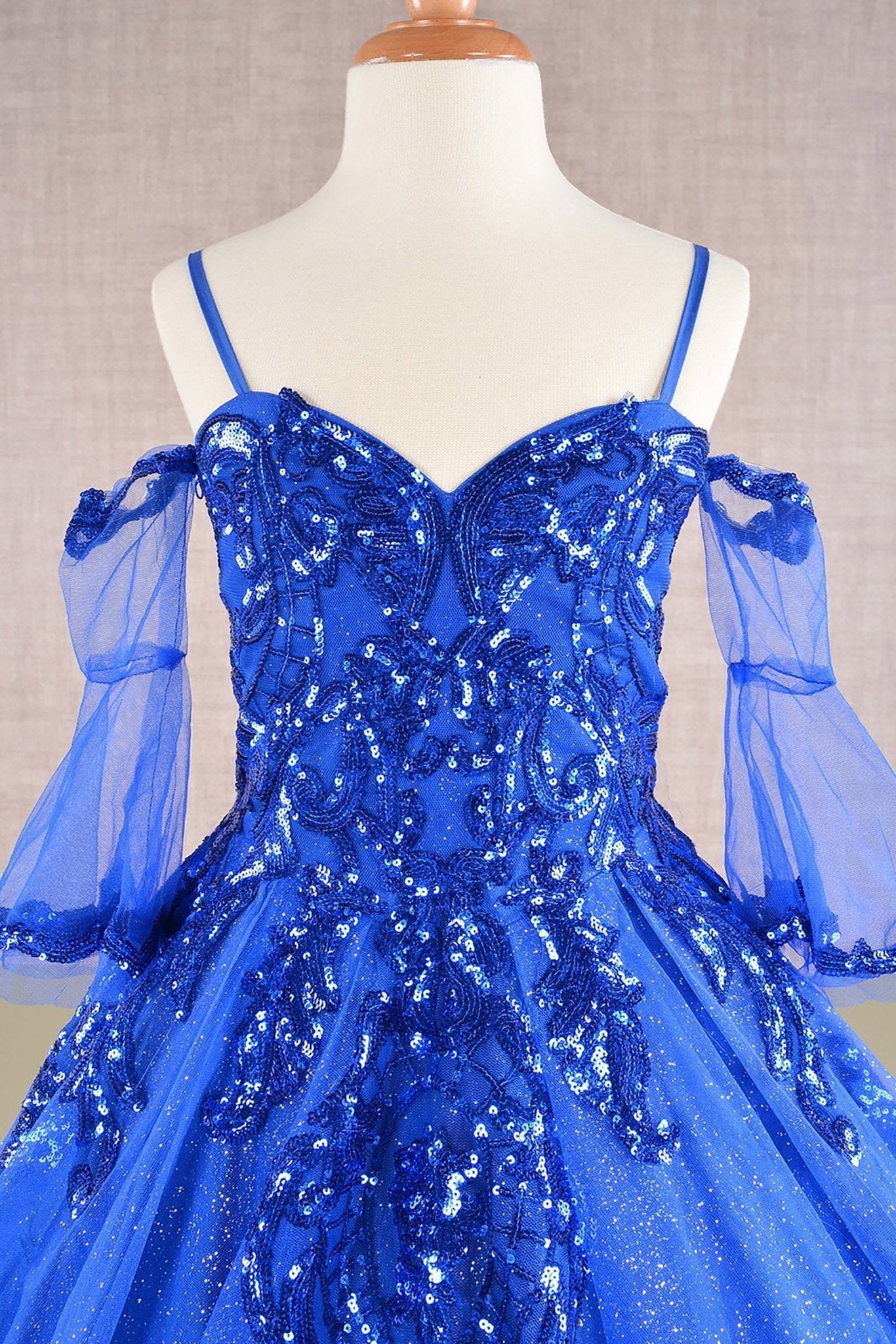 Close-up of blue Royal Blue Kids Dress with Glitter Sequin Mesh and Detachable Sleeves, Mini Quince Dress.