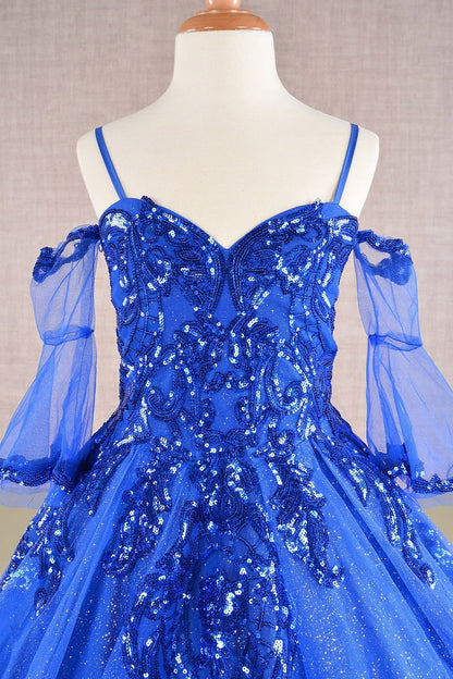 Close-up view reveals blue Royal Blue Kids Dress with Glitter Sequin Mesh and Detachable Sleeves, Mini Quince Dress.